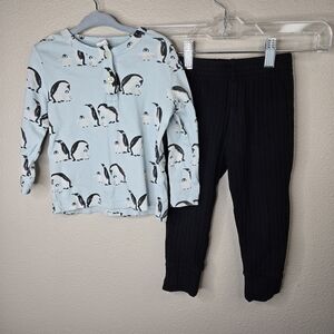 Kate Quinn Penguin Print Blue Top And Black Ribbed Joggers